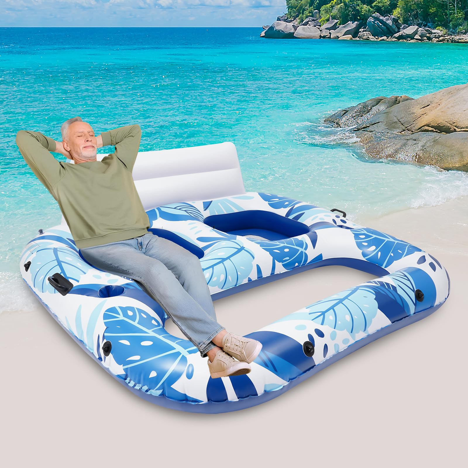 Materassino gonfiabile per piscina per adulti, per 2 persone, con portabicchieri e schienale, isola galleggiante, a forma di U, per adulti, spiaggia, lago, vacanze estive, blu e bianco
