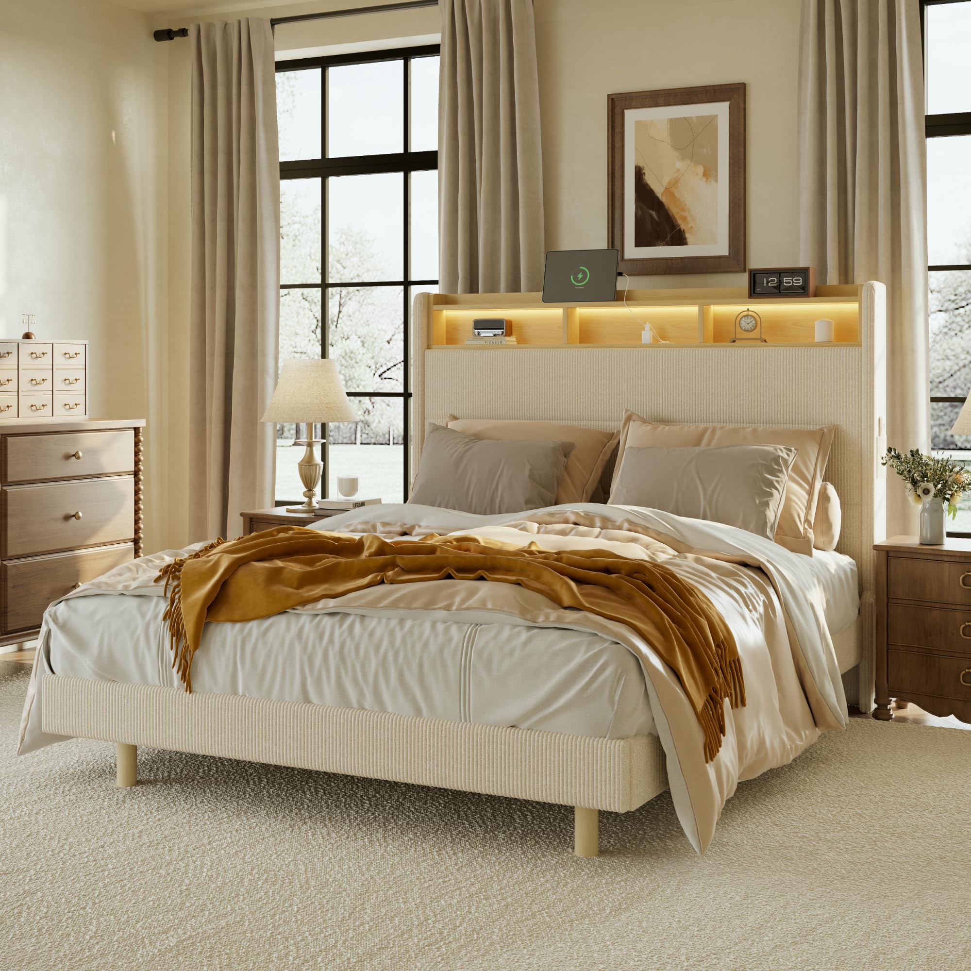 FLEXISPOT Queen Platform Bed Frame with 51" Tall Upholstered Corduroy Headboard, Two-Tier Storage Shelves, LED Light & Charging Station, Remote Pocket