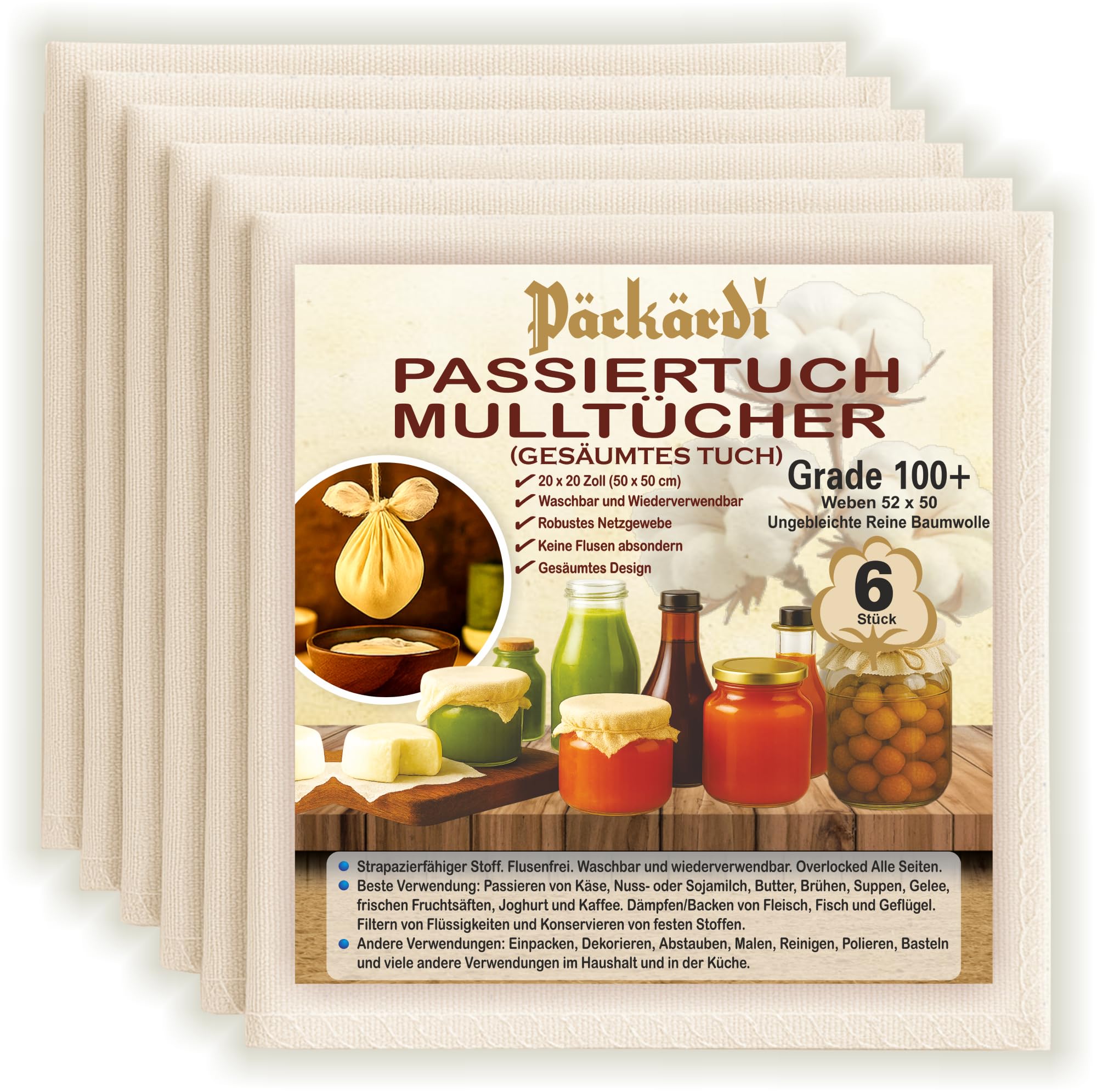 Grade 100+ PACKARDI Passiertuch 6 Stück ca. 50x50 cm je Käsetuch, Cheesecloth Filtertuch Seihtuch 100% ungebleicht, aus reiner Baumwolle, fusselfreie Mulltücher mit vernähten Ecken