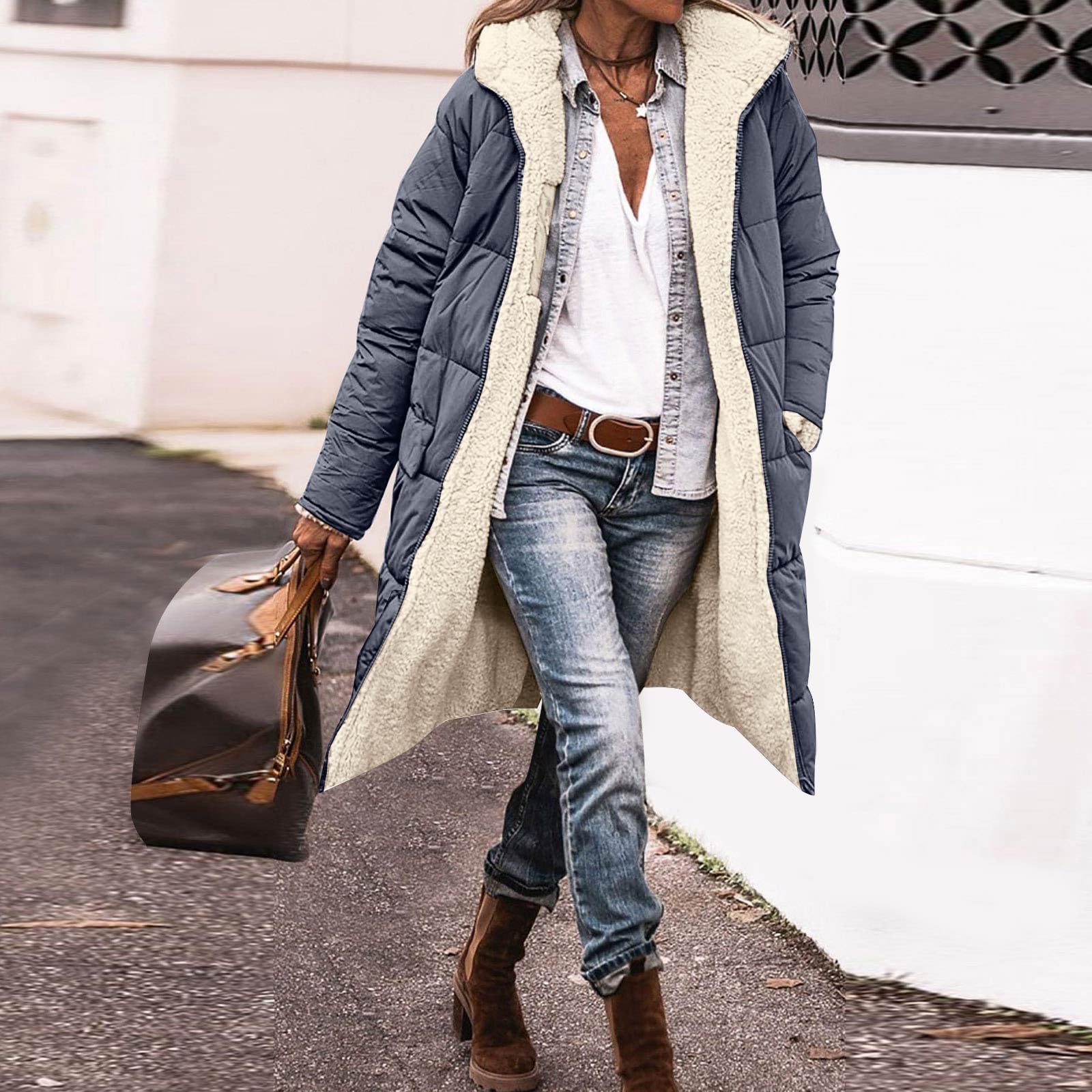 Generisch Wintermantel Damen Lang: Winterjacke Mit Schrägem Reißverschluss Fleece Outdoorjacke Mit Kapuze Parka Winddicht Kapuzenmantel Steppjacke