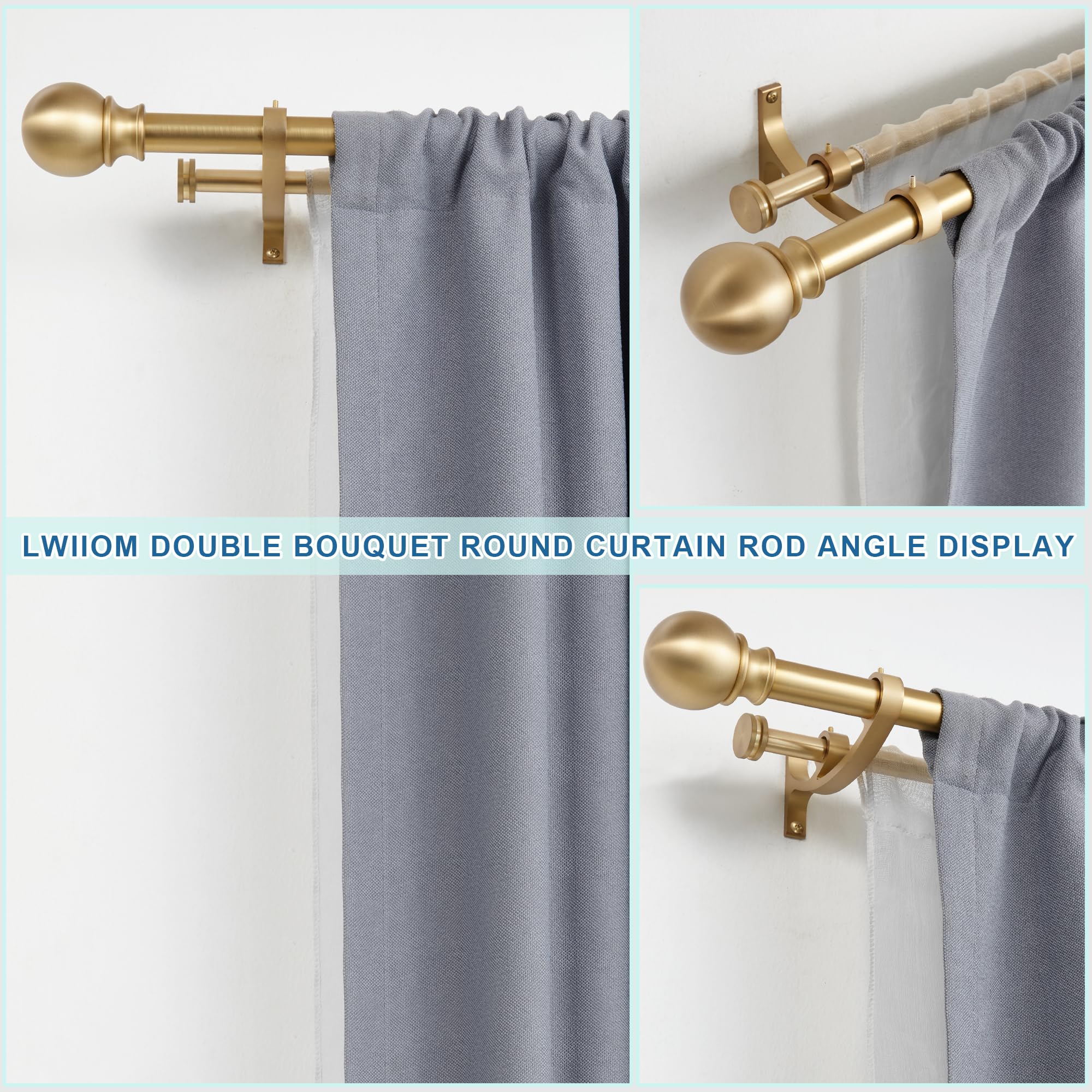 Lwiiom Tringles à rideau doubles avec supports en aluminium en bouquet et embouts ronds, tringles à