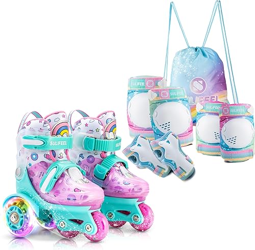 SULIFEEL Patines ajustables para principiantes con rodilleras de unicornio arcoíris verde y rosa