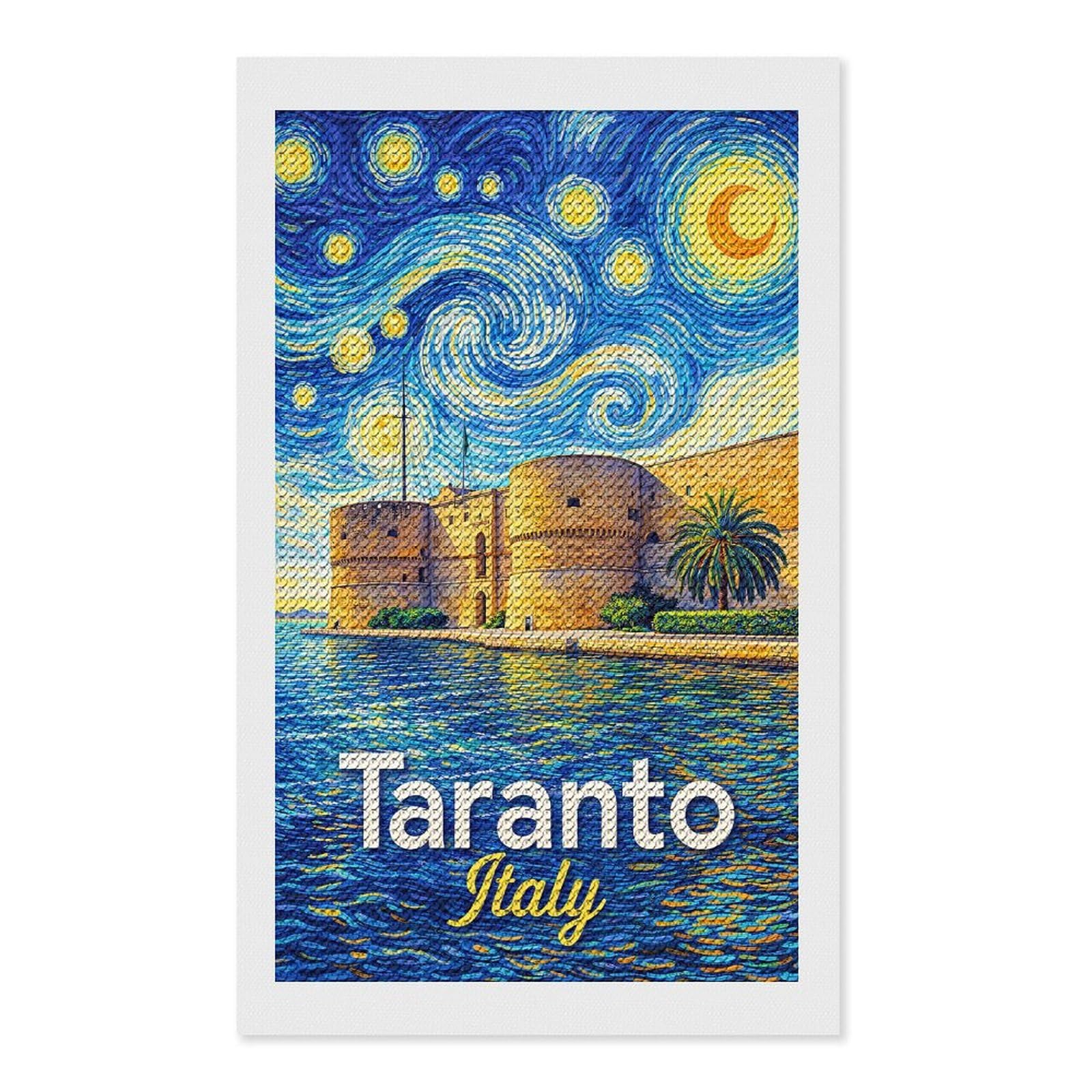 Junmoney Taranto Italy Starry Night Painting Diamond Painting Kit 12"x20", Thoughtful Handmade Gift, for Creative Relaxation, Printed Canvas, Cosy Home Accent