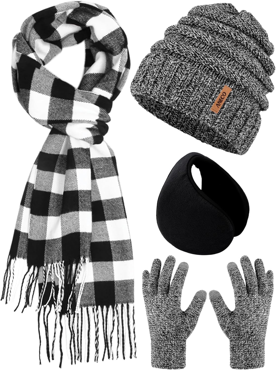 Aneco Winter Warm Knitted Sets Buffalo Plaid Scarf Beanie Hat Touch Screen Gloves and Winter Ear Warmer Set for Men or Women