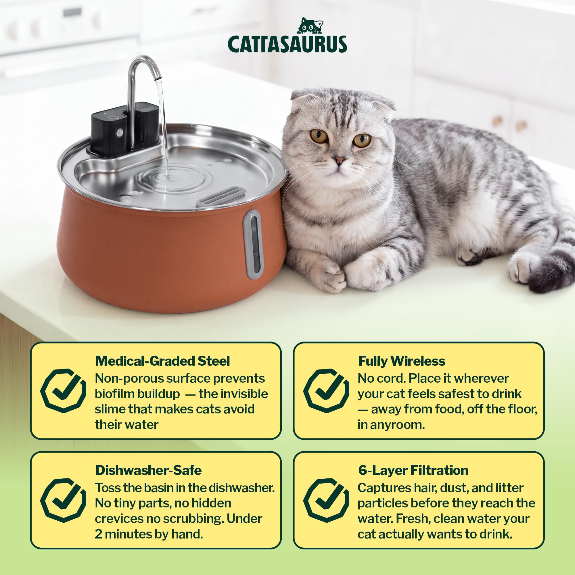 Cattasaurus Fontana d'acqua wireless per gatti in acciaio inossidabile 304, fontana automatica da 4 litri (caffè, fontana + 14 filtri (fornitura per 3 mesi)