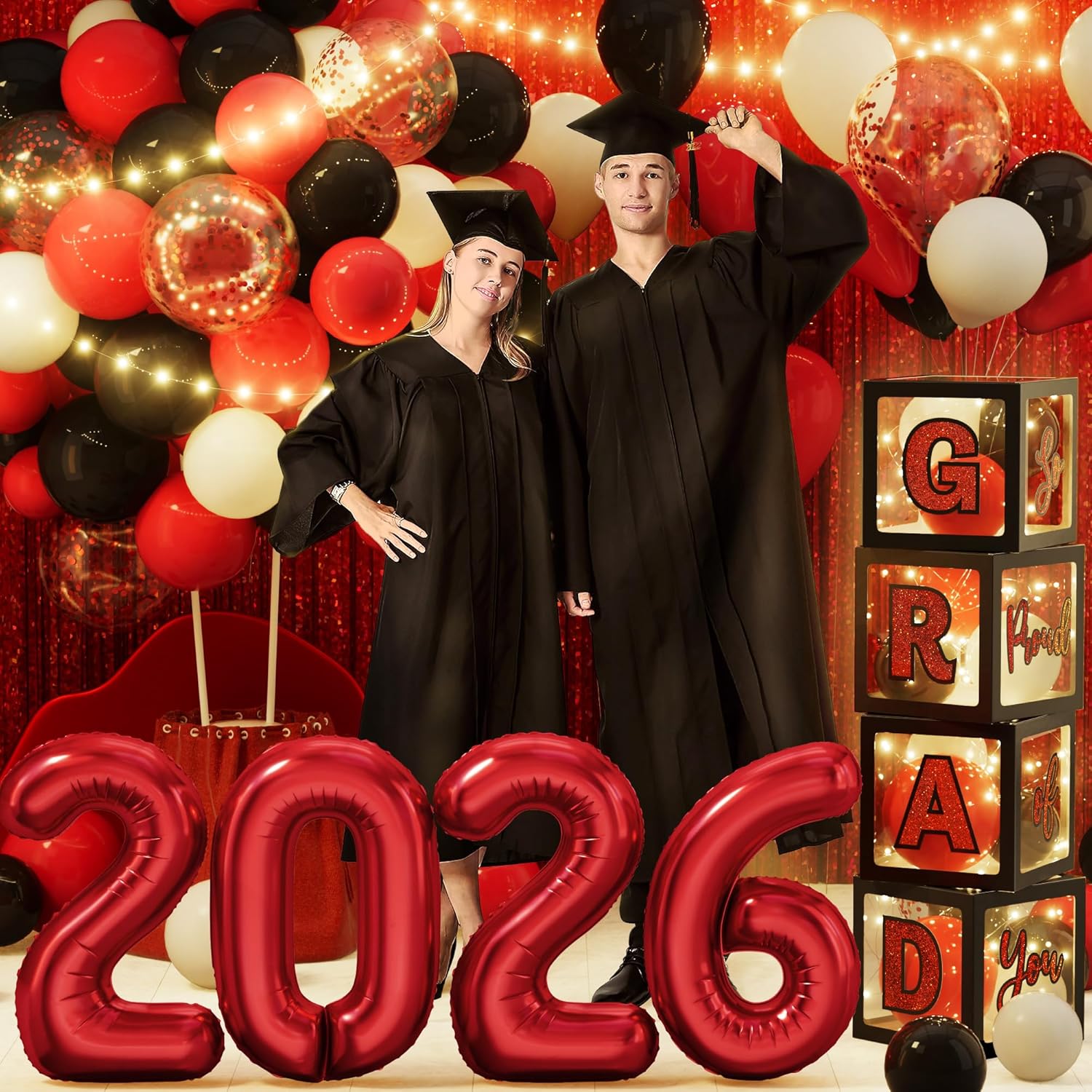 Asoulin Graduation Party Decorations Class of 2026, 86PCS Red & Black Graduation Party Supplies High School College Grad Balloon Boxes with Letter, Foil Curtains, LED String Light, Balloon Garland Kit