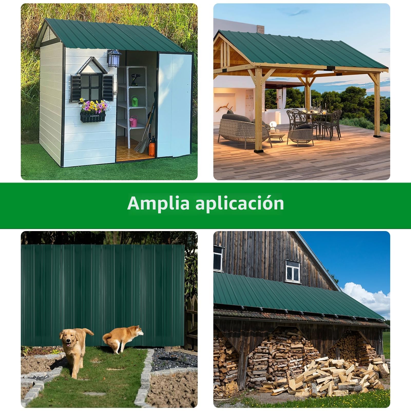 Chapa trapezoidal de 12 láminas de techo de acero galvanizado, 110 cm x 45 cm, juego de placas trapezoidales de 7 m², para garaje, cobertizo, tejado, color negro con estructura (Verde)