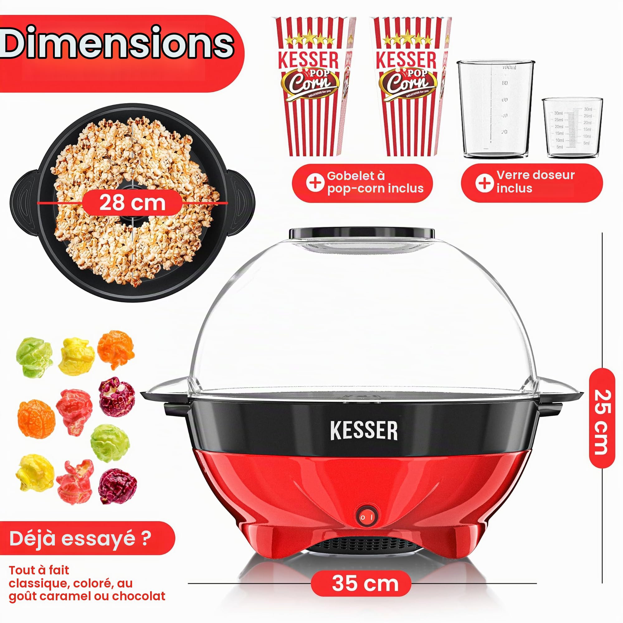 KESSER® Machine à pop-corn Grande 800W Automate à pocorn 5,5l de capacité avec revêtement antiadhésif Couvercle & bol de service pour huile Beurre Sucre + surface chauffante amovible & gobelet, rouge