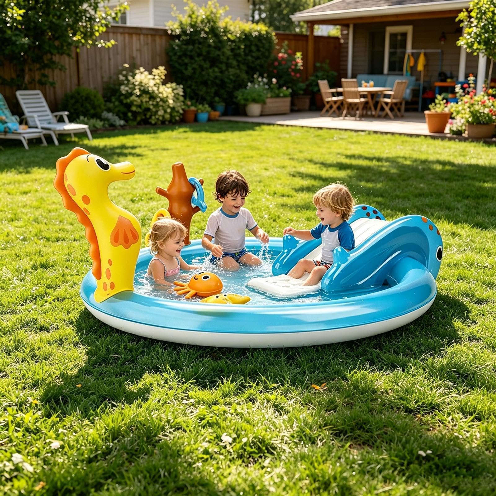 Planschbecken mit Rutsche Aufblasbares Wasserspielzeug mit Sprinkler und | Garten-Planschbecken für Kinder für Jungs und Mädchen Vorschule Urlaub Party Camping Park