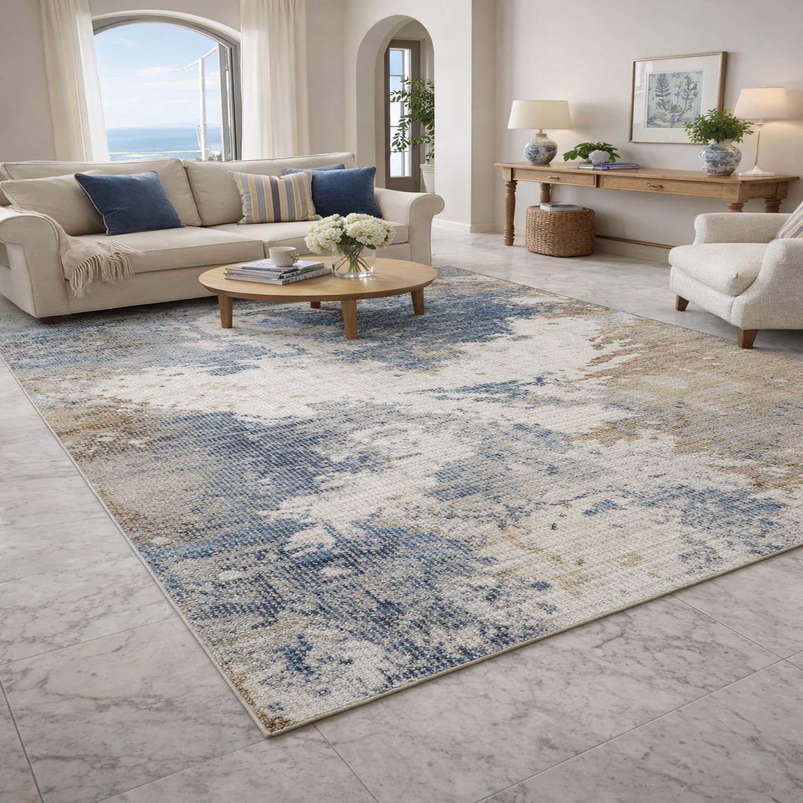Tapis salon abstrait moderne bleu beige gris 80x110cm