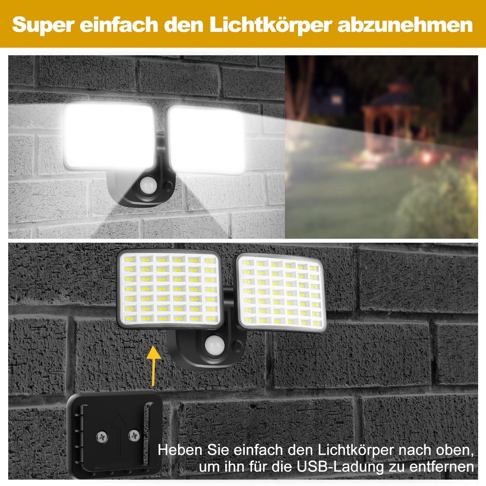 Wiederaufladbare Bewegungsmelder Aussen Batterie(1-3 Monate Dauer) 1000&2500LM Außenlampe mit Bewegungsmelder USB Aufladen akkulampe für Garage Garten Hof Haustüren