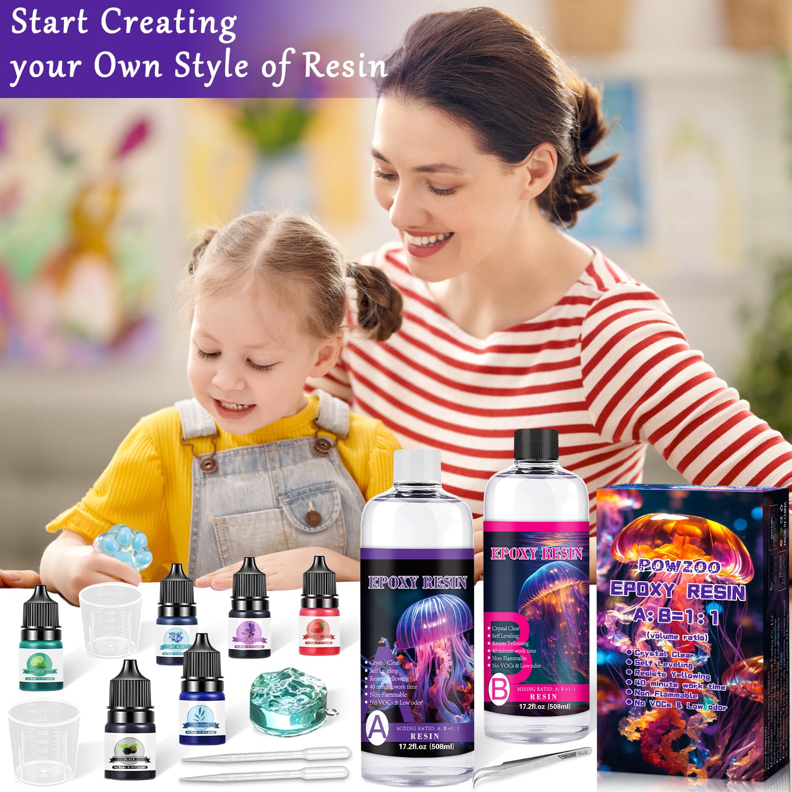 POWZOO Resina Epossidica con Di indurente 1016 ml, Epossidica Trasparente Kit Rapporto 1:1 Starter Kit,con Pigmenti,Glitter,Guanti,Misurini, ecc.