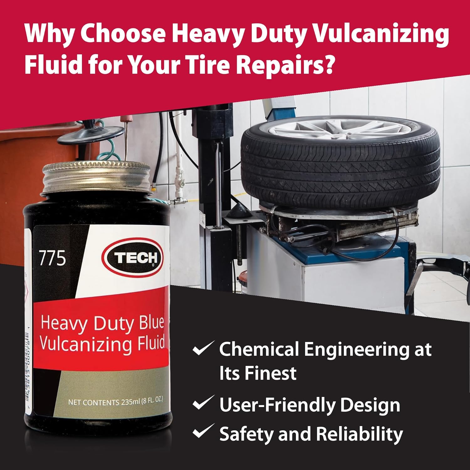 TECH Heavy-Duty Blue Vulcanizing Fluid – Tire Seal for All Types of Tires, Works with Stems and Patches, 8 oz Bottle with Brush Cap for Efficient Flat Restoration and Long-Lasting Performance