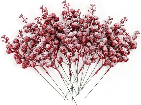 Kunjocy 12 Pc Snowy Christmas Glitter Berries, Frosted Berries Decorations Artificial Picks for Christmas Wreath Garland, Xmas Tree Ornament (Red)