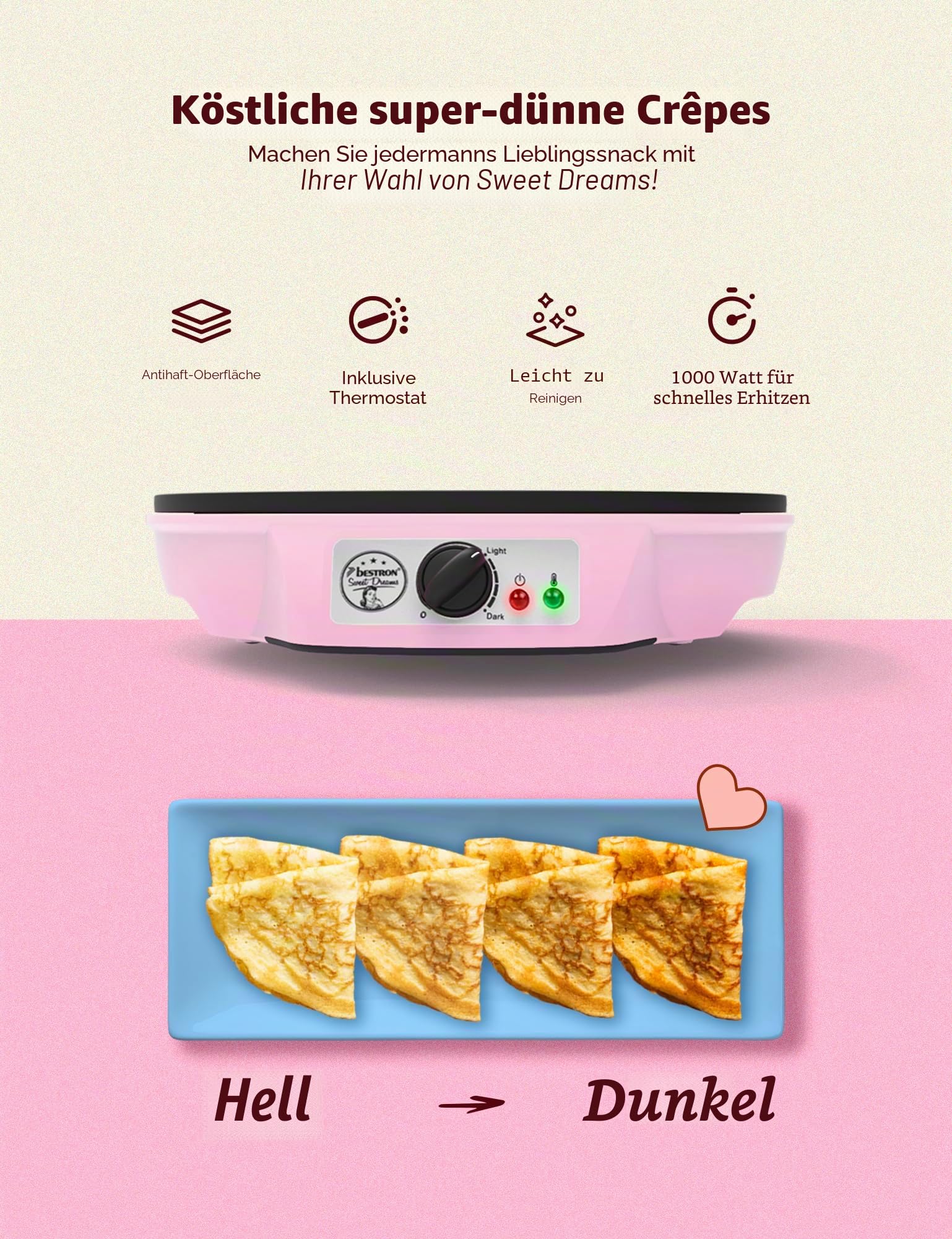 Bestron ASW602PBS Crêpes-Maschine, legierter Stahl, Rosa
