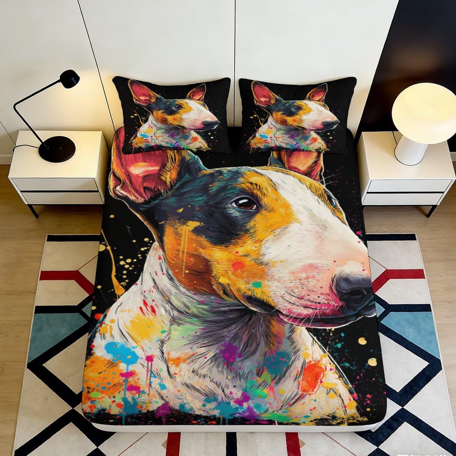 3D Printed Bull Terrier Art Fitted Sheet Microfiber Color Splash Bed Cover for Bedroom Guestroom Dorm Decor 90x200x25cm