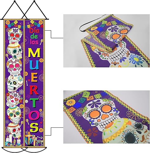 Miniatura 4 de Juego de 3 pancartas de decoración del Día de los Muertos para fiesta mexicana, decoración del Día de los Muertos, letrero de porche, bandera