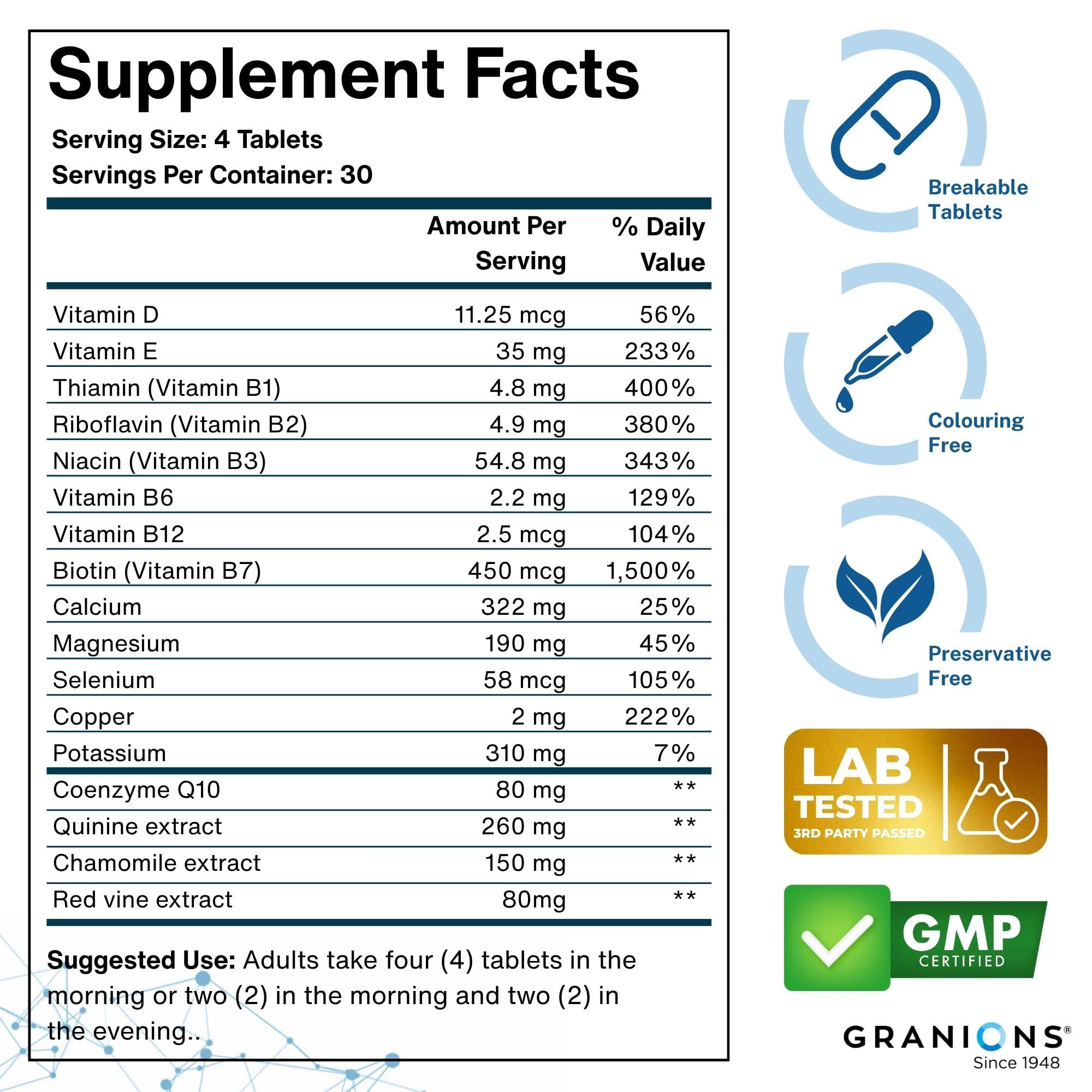 Granions Advanced Natural Muscle Relaxer Pills - 1,346mg Quinine, Magnesium, Potassium, B Vitamins, Chamomile, CoQ10 - Muscle Comfort Support, Immediate Relaxation and Comfort - 120 Tablet, 30 Serving — Amazon image 6