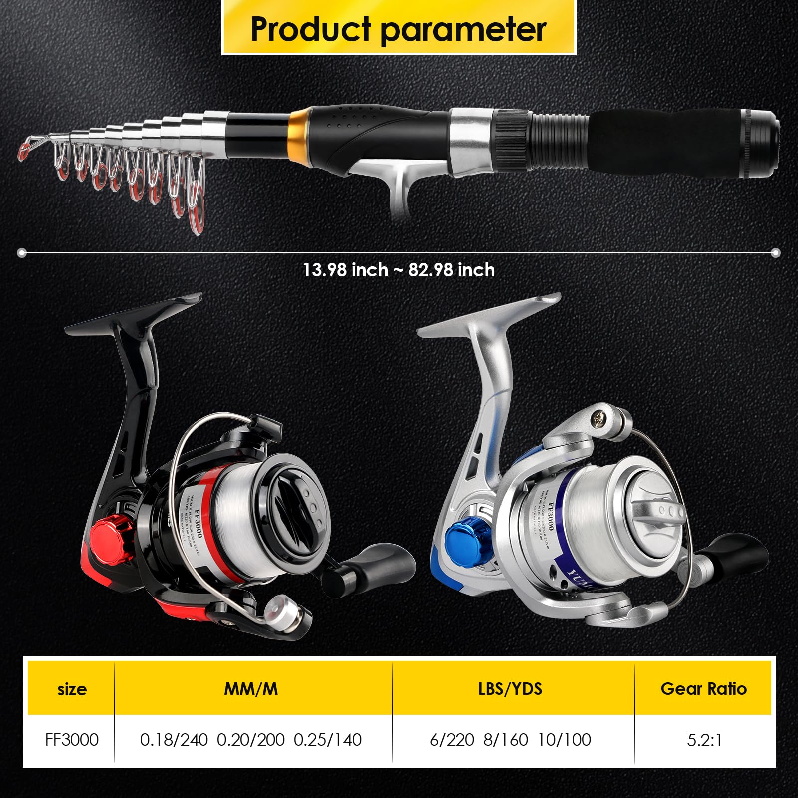 2PCS Telescopic Fishing Rod Reel Combo 6.89FT Collapsible Spinning Pole Kit Compact Fishing Lures Tackle Box Accessories Lightweight Travel Fishing Tool Set for Fishermen Gift : Sports & Outdoors