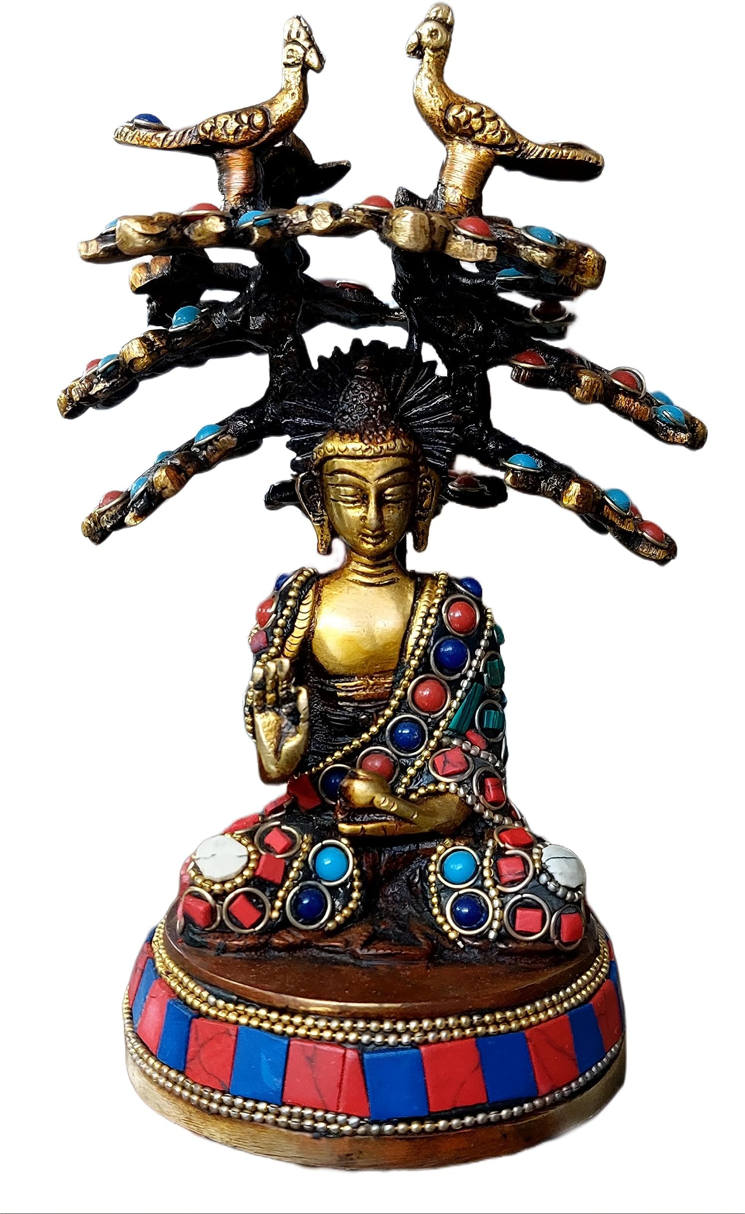 Multicolor Stonework Buddha Under The Bodhi Tree Brass Statue for Home Decor Corporate Office Gifts Temple Decoration Height 6.5 Inches (Multicolor)