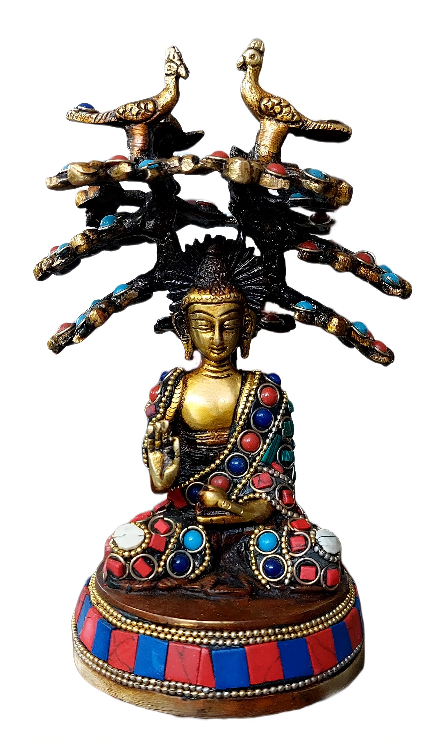 Multicolor Stonework Buddha Under The Bodhi Tree Brass Statue for Home Decor Corporate Office Gifts Temple Decoration Height 6.5 Inches (Multicolor)