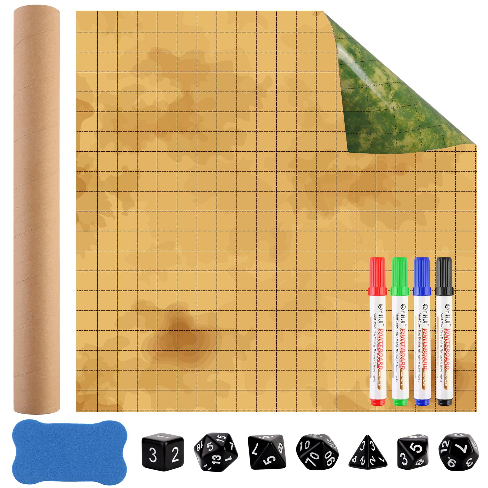 Dungeon Grid Game mat Double-Sided RPG 50 x 50 cm Dry Erase Cube with 4 Dry Wipe Markers, 1 Whiteboard Eraser, 7 Dice for War & Board Games
