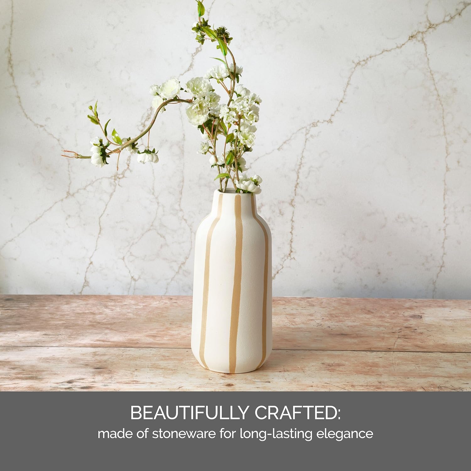 Elements Sand Stripe Textured Stoneware Ceramic Vase, 5.12x5.12x11.02 Inch
