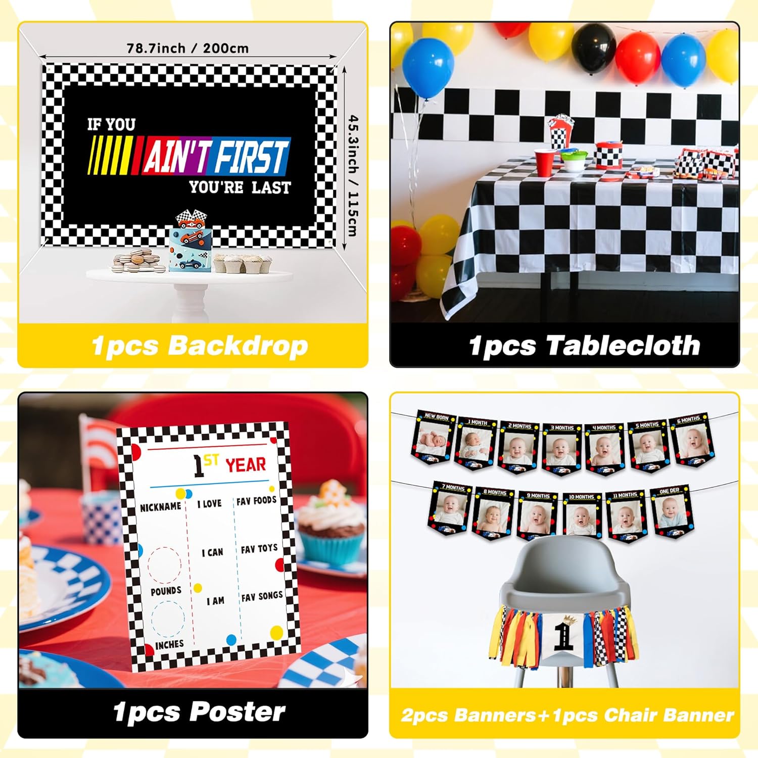 Fast One Birthday Decorations for Boys - 1st Race Car Theme Party Supplies for Baby Shower Decoration Include Birthday Hat Cake Topper Backdrop Tablecloth Photo Banner Arch Balloon Boxes Poster - Image 4