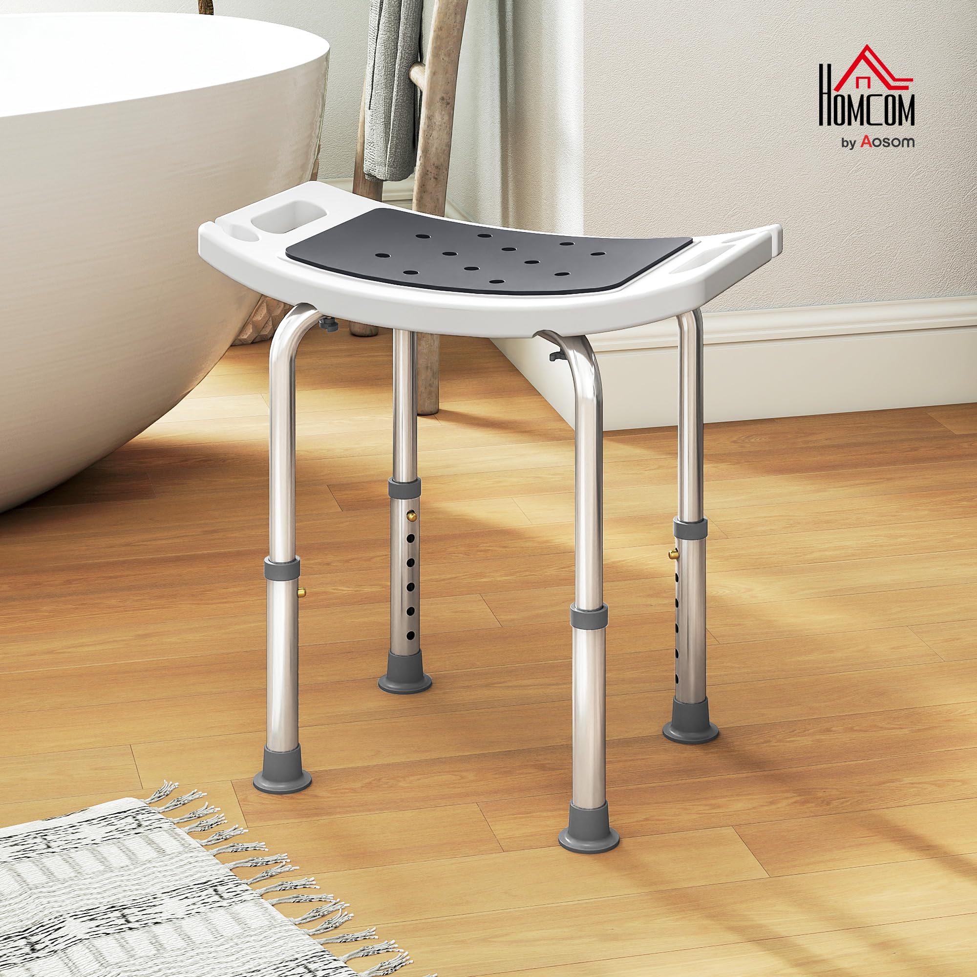 HOMCOM Sgabello per Doccia da Bagno in Lega di Alluminio e Plastica Antiscivolo, Sgabello Bagno con Altezza Regolabile 6 Livelli 39-52cm, Grigio