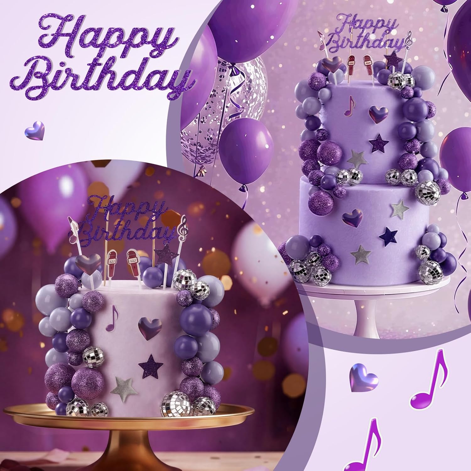 Leinuosen 76 Pcs Kpop Cake Topper Popular Singer Birthday Cake Decoration with Purple Disco Balls Pop Music Birthday Party Decoration Kpop Theme Party Supplies