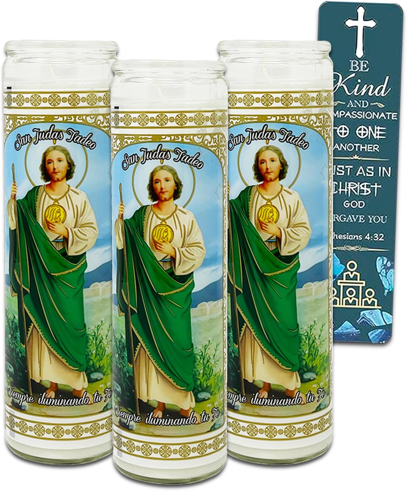 3 Pack San Judas Tadeo 8 Inch White Religious Candles Bundle with 3 Saint Jude