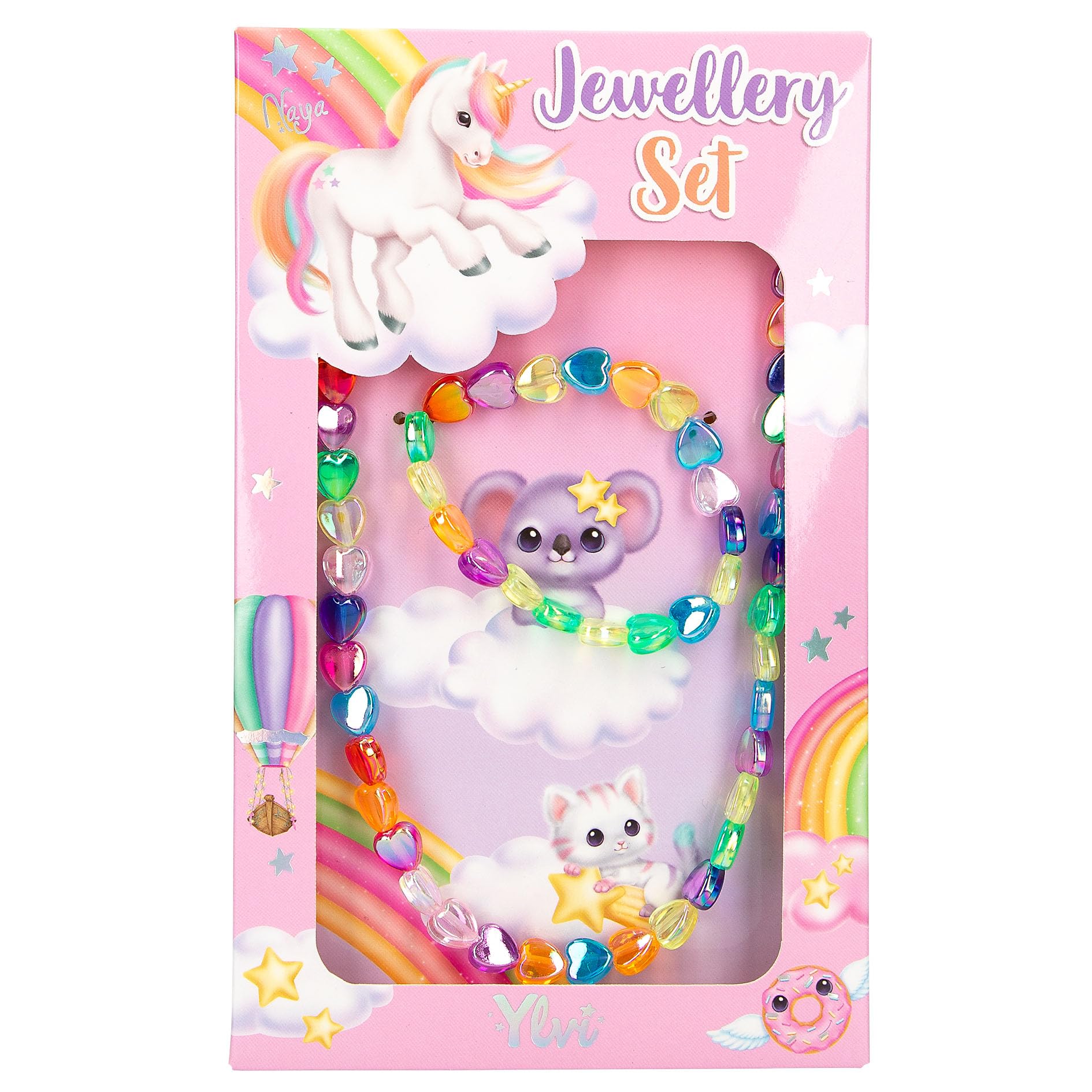 Depesche 13850 Ylvi Jewellery Set with Chain and Bracelet Made of Colourful Hearts with Light Glitter, Adjustable Length and Elastic Band