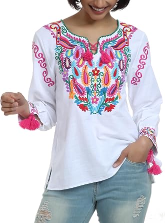 YZXDORWJ Womens Mexican Long Sleeve Blouse Embroidered Traditional V Neck Top Boho Tunic