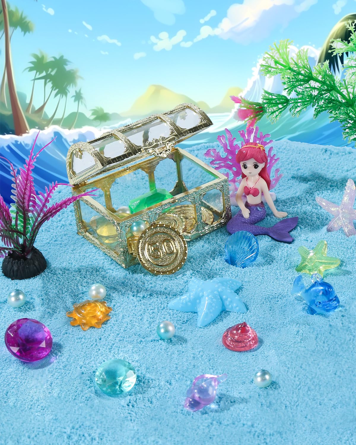 sikmcle Ocean Sensory Bin Blue Moldable Sensory Sand Kit Sandbox with Lid Colorful Plastic Sea Shell Conch Starfish Gems Toys for Kids,Kids Gifts for Boys and Girls