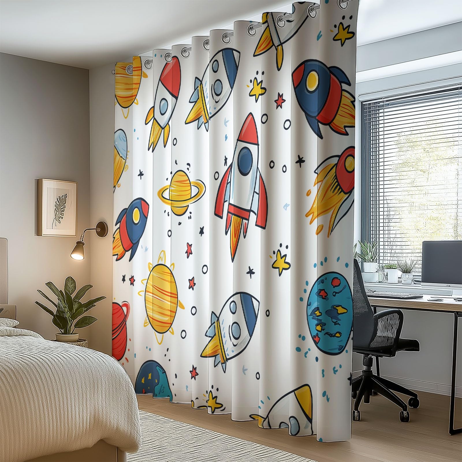 Cortinas Opacas Blanca Salon, Dibujos Animados Cohete Planeta patrón Cortina Termicas Aislantes, 140An x 225Al cm (2 Paneles) Decoración de Ventanas para Dormitorio Cocina