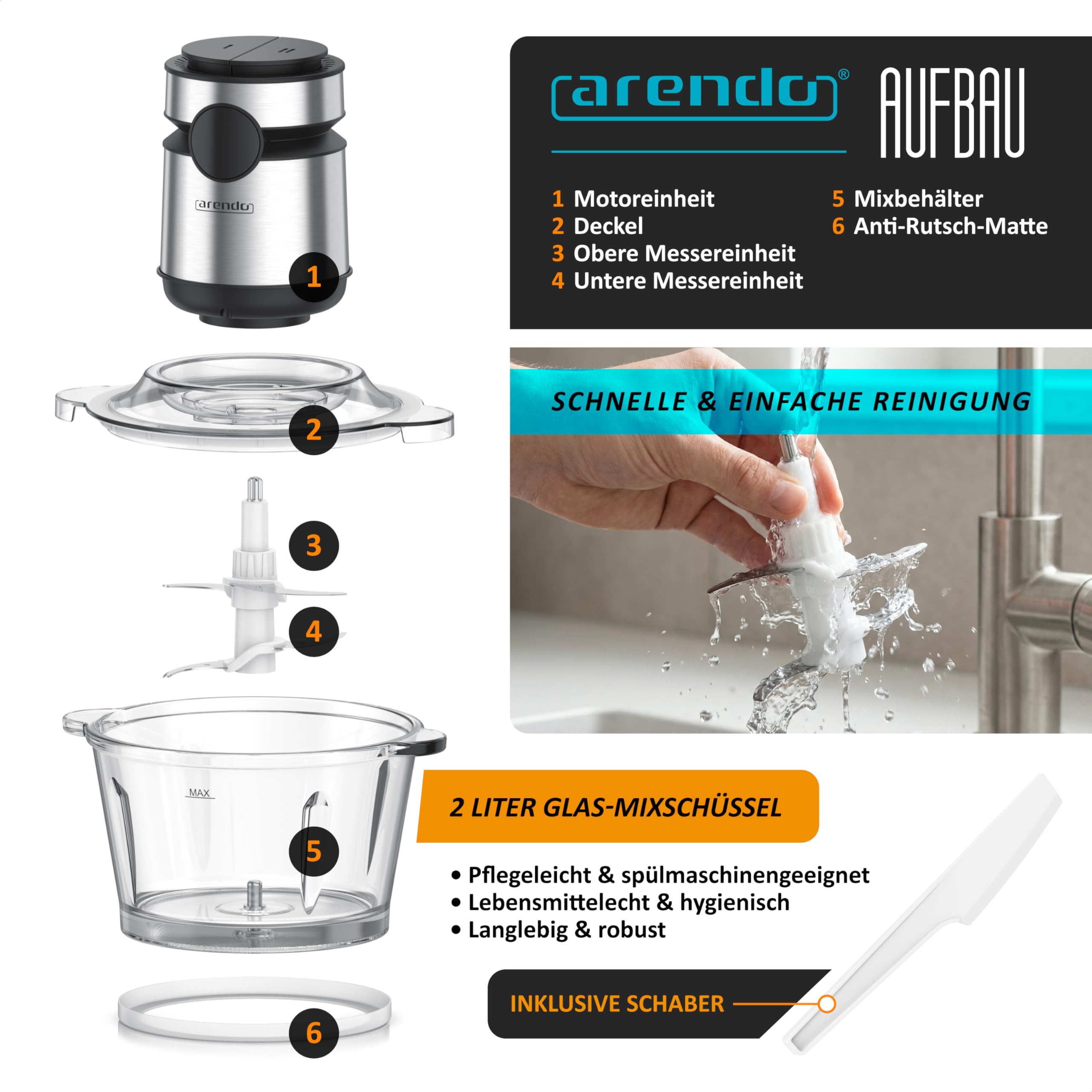 Arendo - Multi Zerkleinerer Küche elektrisch Edelstahl – extra starker 500 W Motor – 2 L Fassungsvermögen – Glas Behälter – mit Edelstahl-Mixbehälter – für Fleisch Nüsse Obst Gemüse u.v.m.