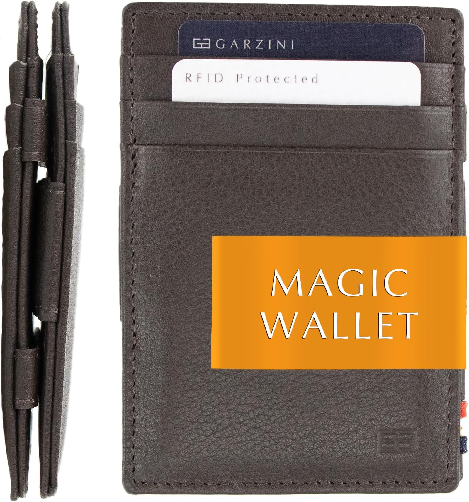 GARZINI Magic Wallet For Men, Minimalist Wallet with RFID card holder, Leather Wallet for 10 cards, Chocolate Brown