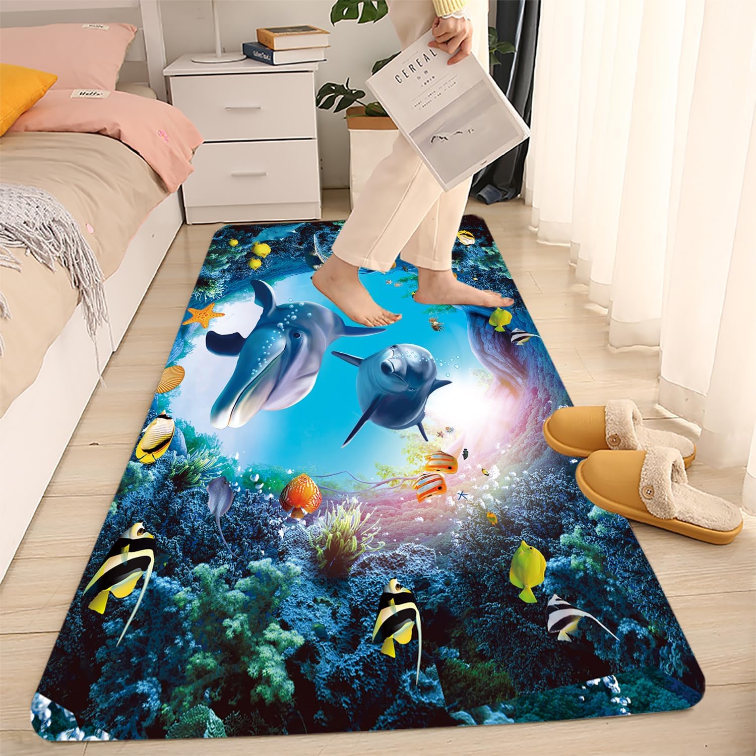LYFANS Memory Foam Bath Mat, Non Slip Absorbent Flannel Bathroom Rug, 18" x 47", Soft Washable Shower Floor Mat with Dolphin Ocean Print, Decorative Bath Rugs for Bathroom, Kitchen, Entryway, Bedroom