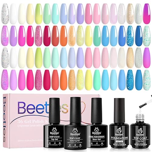 Beetles - Kit de esmalte de uñas de gel pastel, 36 colores y capa superior mate para 2023 con acabado brillante de primavera y verano y larga
