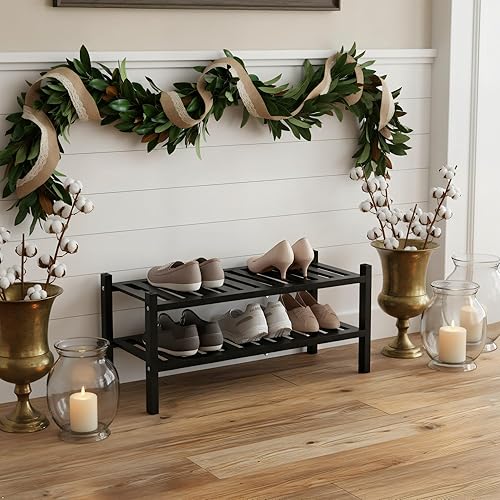 Miniatura 5 de Zapatero plegable de madera de acacia negra de 2 niveles, estante organizador de zapatos de madera que ahorra espacio para entrada, pasillo,