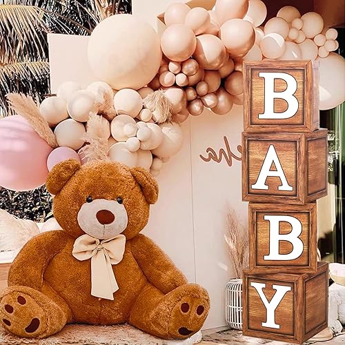 Miniatura 5 de Juego de 4 cajas de bebé con letras y globos, cajas de oso de peluche, decoraciones de fiesta, bloques de caja de globos marrones para baby shower y