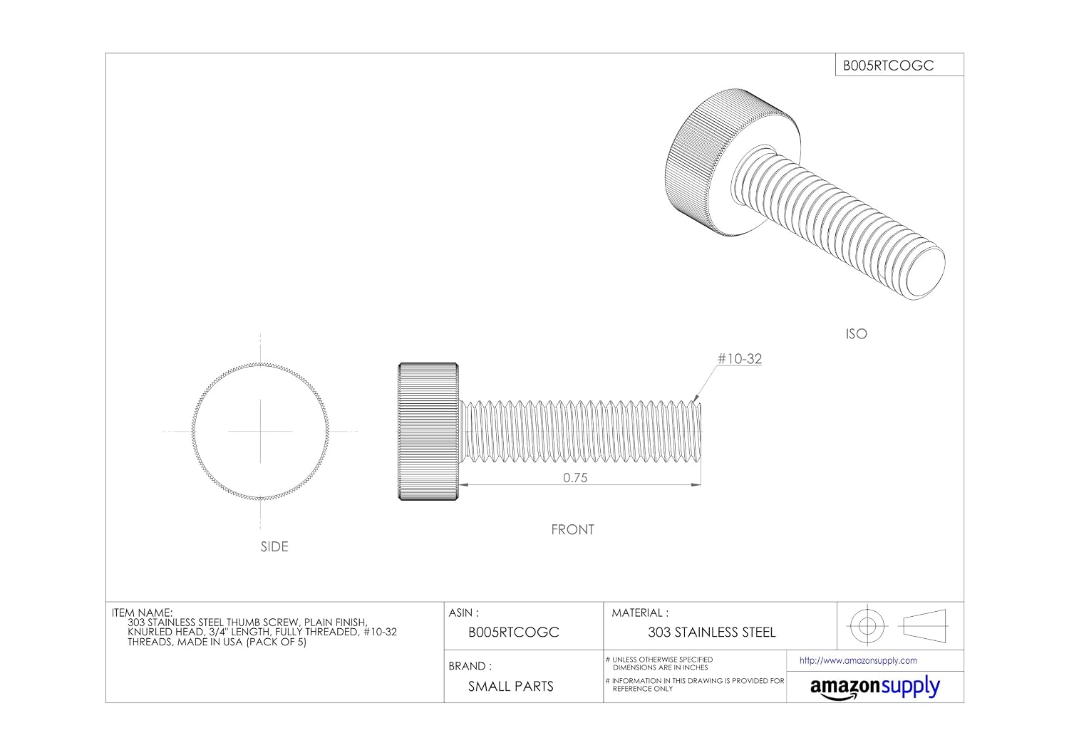 Buу 2 gеt 3 303 Stainless Steel Thumb Screw, Plain Finish, Knurled Head, 3/4 Length, Fully Threaded, 10-32 UNF Threads, Made in US (Pack of 5)