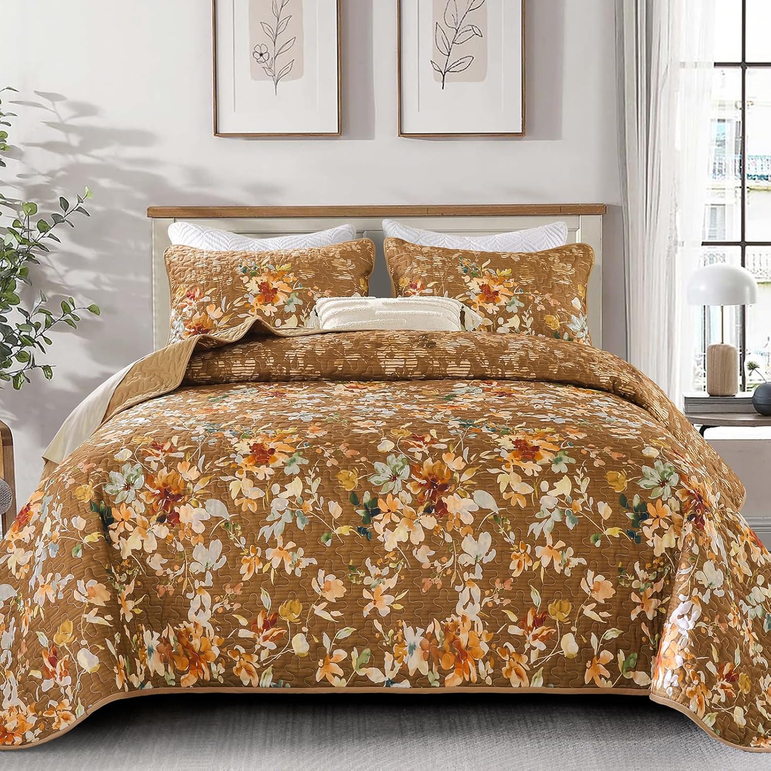Dobuyly Brown Quilt Set King Size, Floral Bedspreads Coverlet Set, 3 Pieces Soft Lightweight Microfiber Farmhouse Botanical Quilt Bedding Set for All Seasons 110"x90"