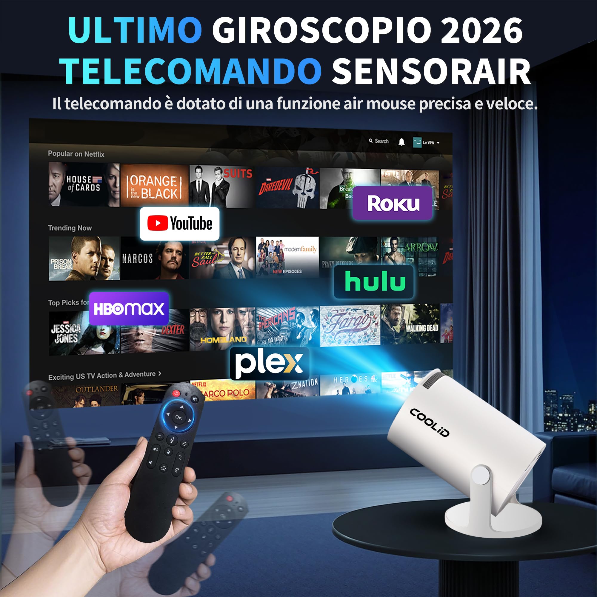 Mini Proiettore [App Integrata & 2026 Upgraded] Proiettore Portatile 4K 1080P con 5G WiFi 6 e BT 5.4 Supporta Rotativo 180° Correzione Trapezoidale Automatica Applicabile TV Stick/USB/HDMI,Bianco