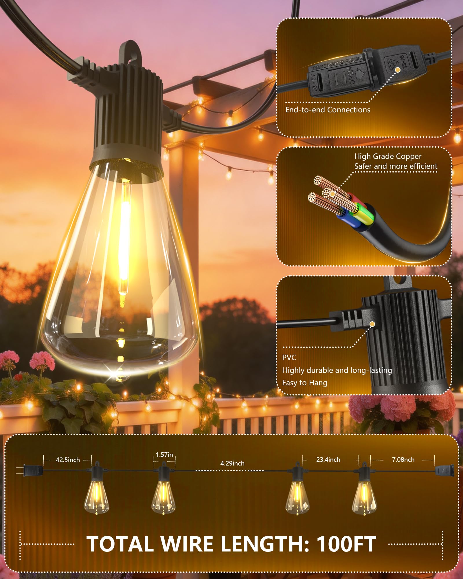 LED-Lichterkette für den Außenbereich, 30 m, Terrassenlicht mit 52 bruchsicheren ST38-Edison-Glühbirnen, wasserdichte Außenleuchte für Urlaub, Veranda, Deck, Garten, Hinterhof, Balkon, 2700