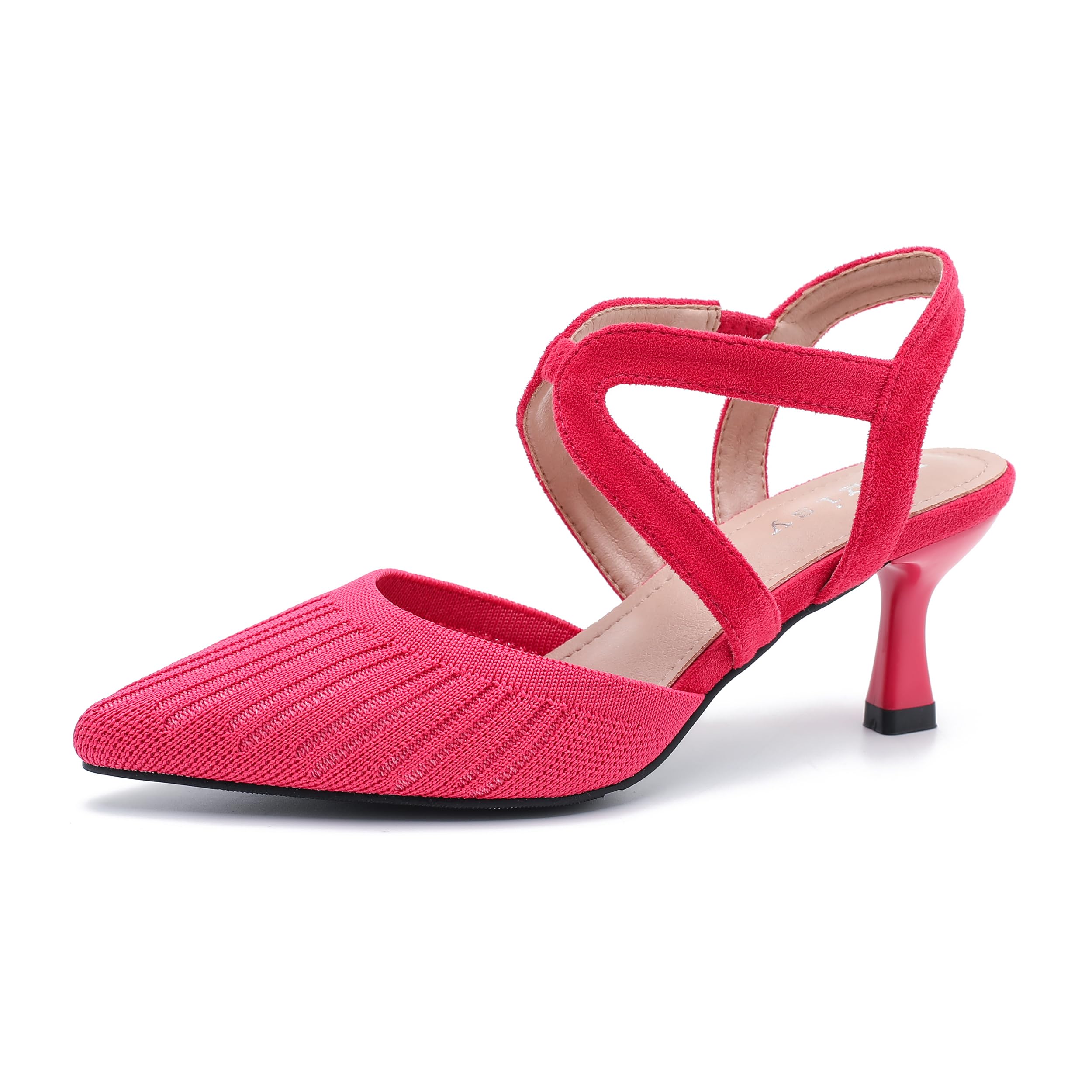 Eugisy Women's Closed Toe Low Kitten Heel Knit Pumps Elastic Ankle Strap Pointed Toe Slingback Comfortable Dress Wedding Party Shoes