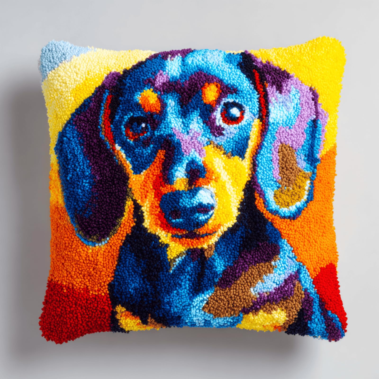 kitphoenix DIY Latch Hook Cushion Kit 43x43 cm,Dachshund,Cushion Making Kit with Pre-Cut Yarn,Printed Canvas,Crochet Hook & Instructions,Embroidery Craft Kit for Beginners & Adults