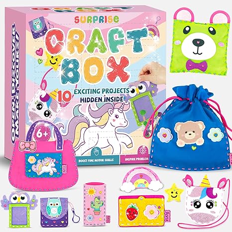Sewing Kit for Kids Beginner, 10 Easy DIY Projects of Stuffed Animal Dolls & Purse Handbags, Learn to Sew with Felt Embroidery Craft, Arts & Crafts Gift for Girls & Boys Ages 6-12