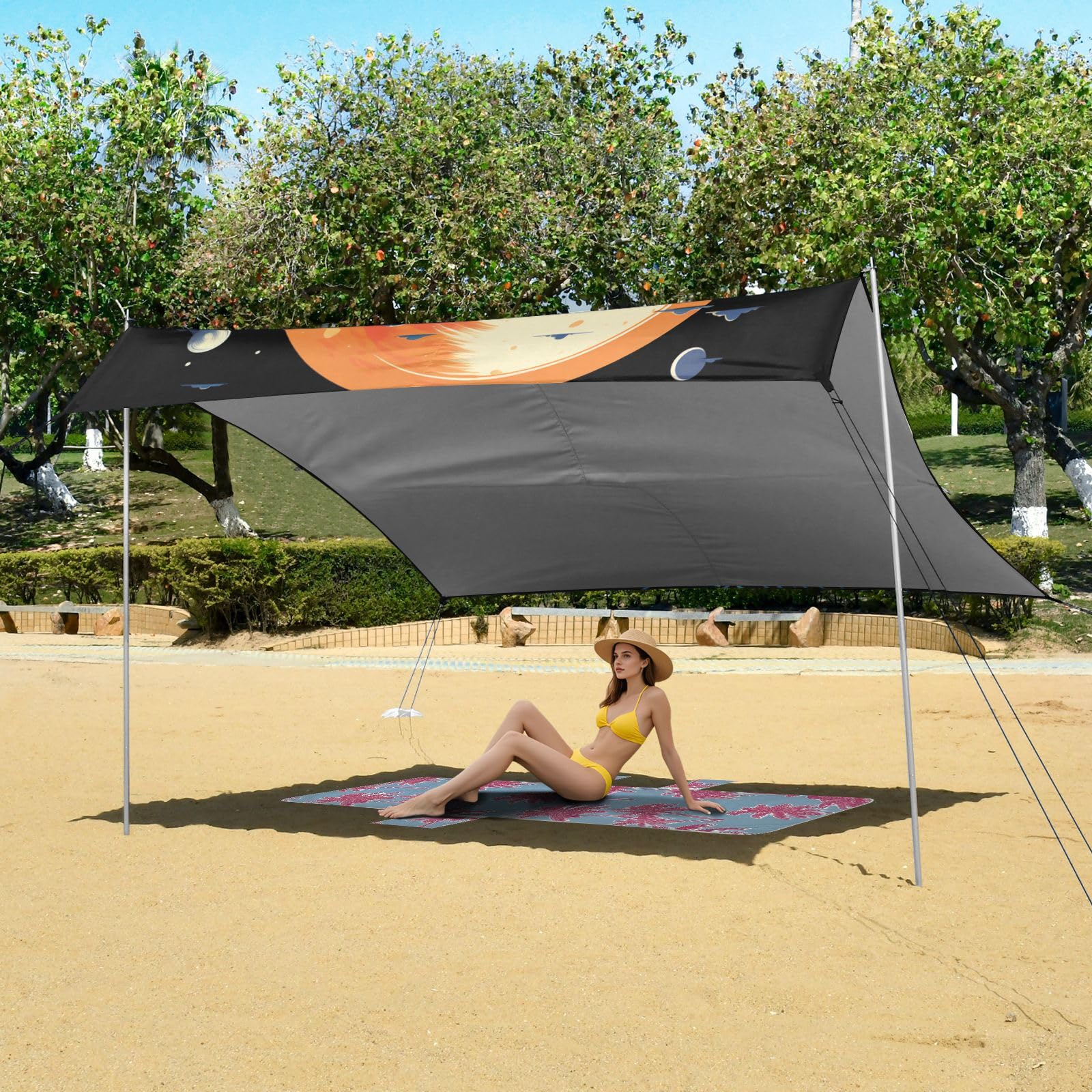Acuarela Arte Tigre Luna Tienda de Playa de FáCil Montaje,Toldo Parasol para Camping con Sacos de Arena,Palas y Estacas para Picnics Al Aire Libre