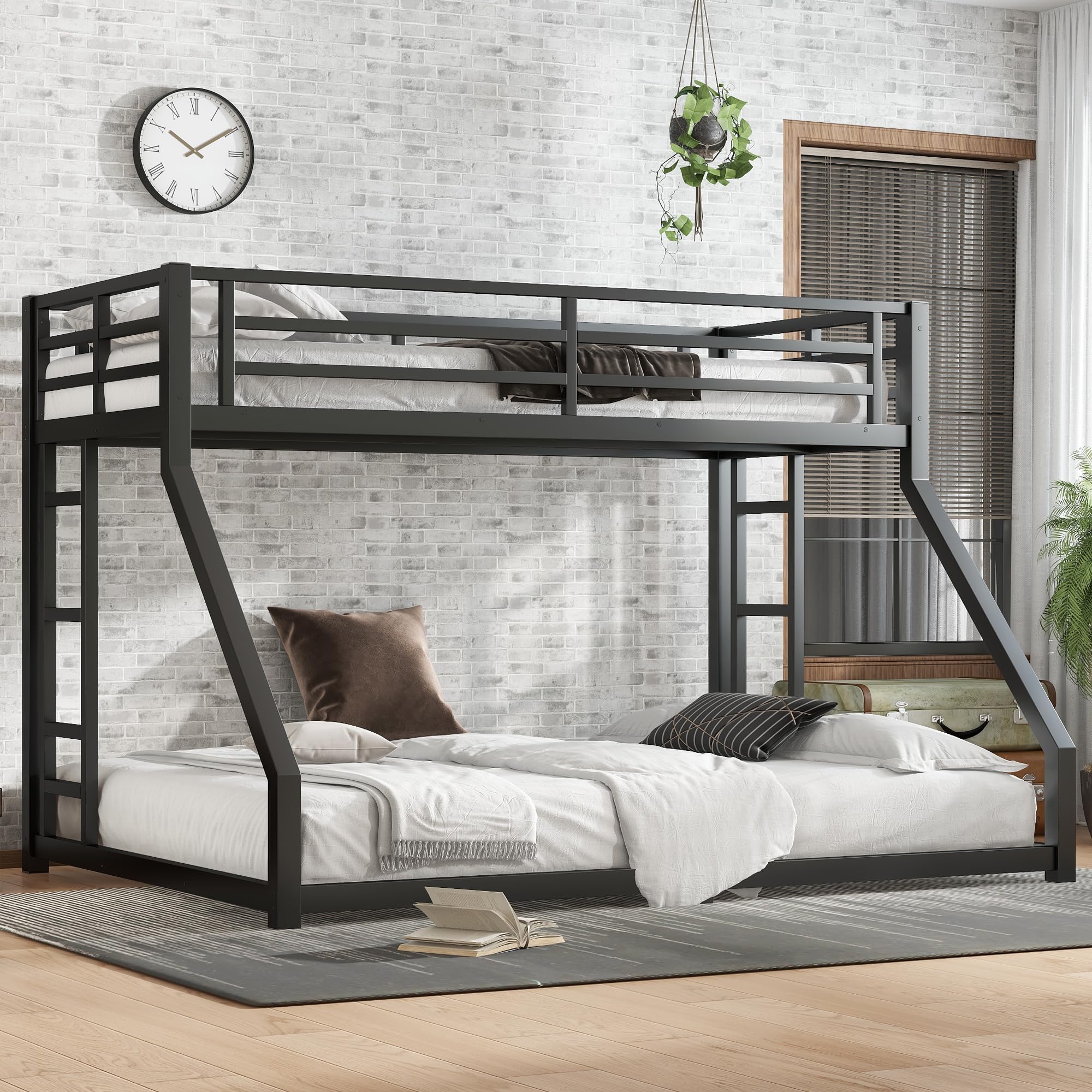 Low Metal Twin XL Over Queen Bunk Bed for Kids & Adults with Extra Thick Support Columns & Higher Guardrail, Floor Bed, Squeak-Free, Heavy Duty, No Box Spring Needed, Easy Assembly, Black